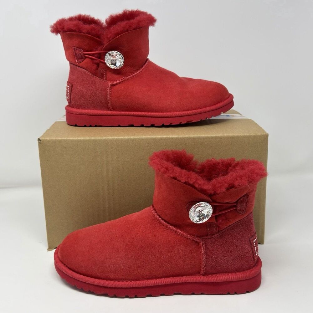 UGG Women's Mini Bailey Button Bling Boots Ribbon Red Crystal Swarovski Size 6